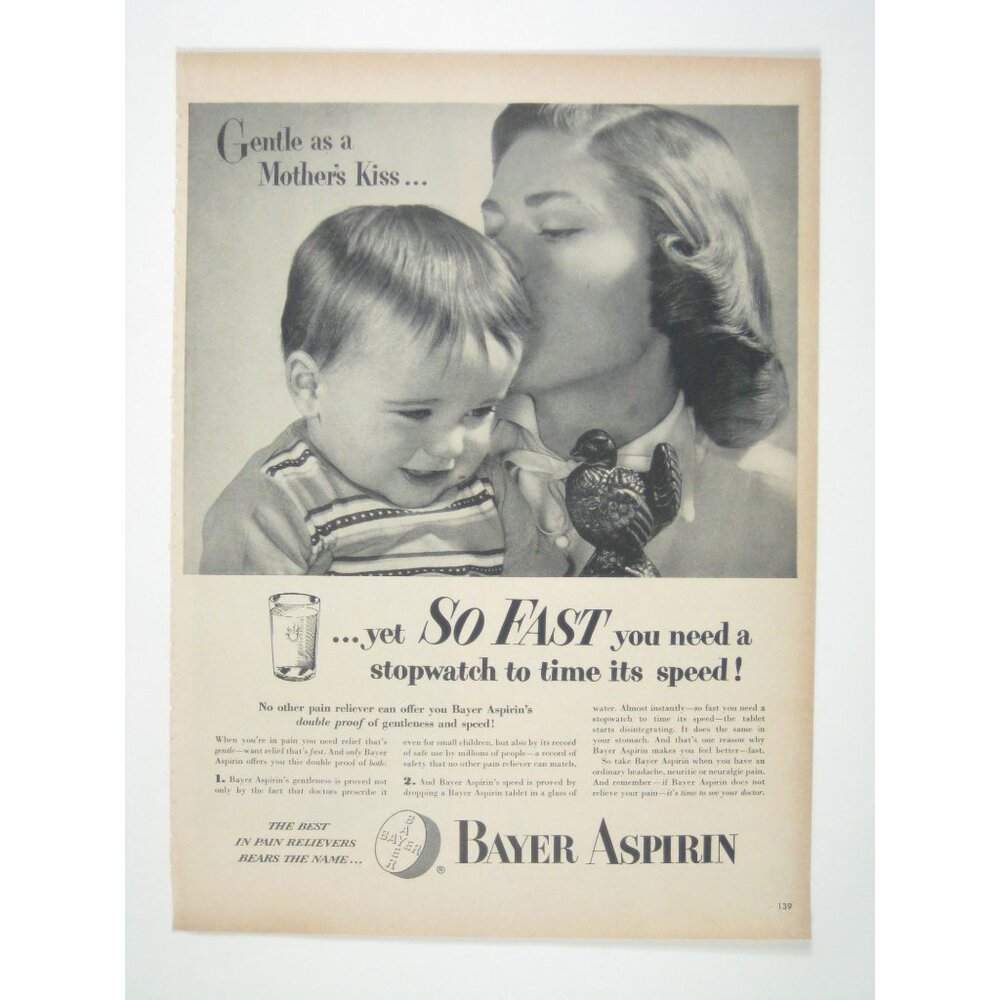 Vintage 1950s Bayer Aspirin Ad Gentle As A Mothers Kiss Print AD Mom Child